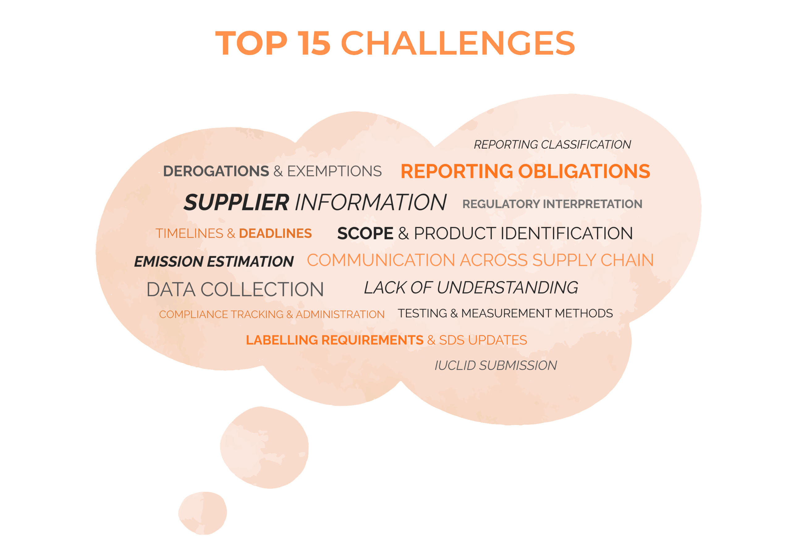 word cloud on top 15 challenges, with words: supplier information; data collection; reporting obligations; scope & product identification; lack of understanding; communication across supply chain; emission estimation; derogations & exemptions; timelines & deadlines; IUCLID submission; labelling requirements & SDS updates; reporting classification; testing & measurement methods; regulatory interpretation; compliance tracking & administration